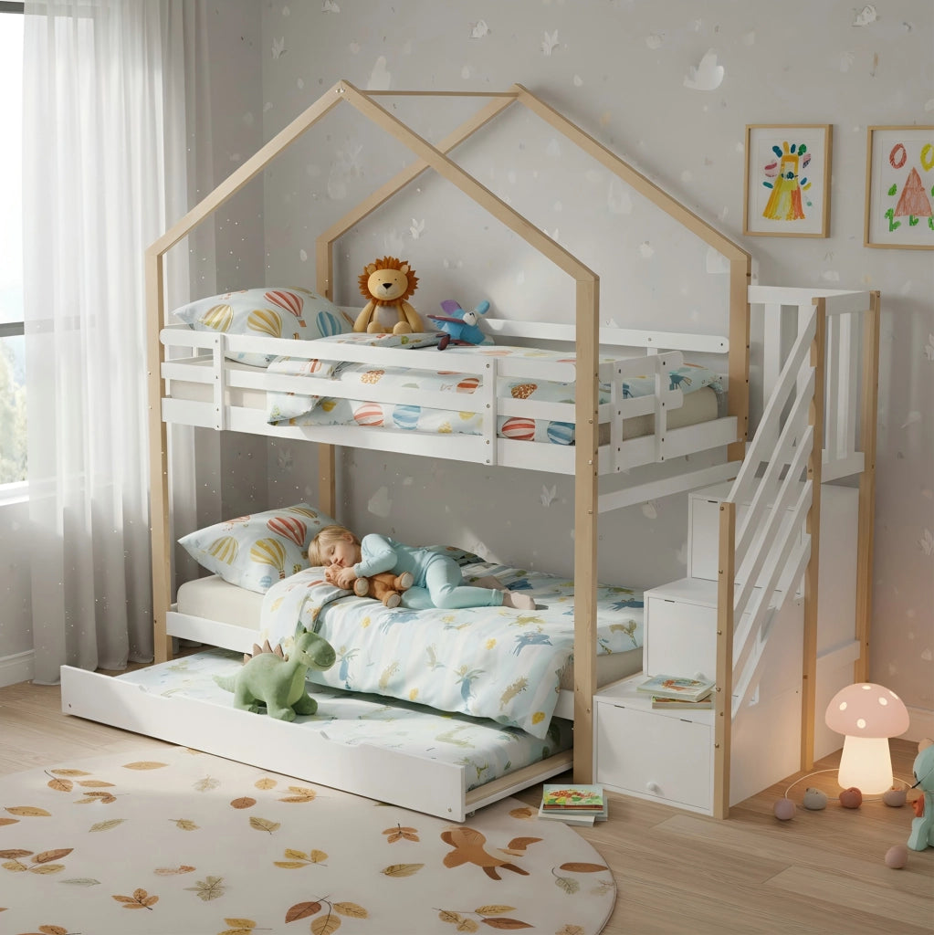 Letto a soppalco con letto estraibile, scala contenitore e sponde di sicurezza