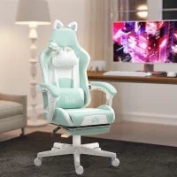 Sedia da Gaming Reclinabile con Poggiapiedi e Cuscini, in Finta Pelle e Spugna, 65x62x116-124 cm, Bianco e Blu