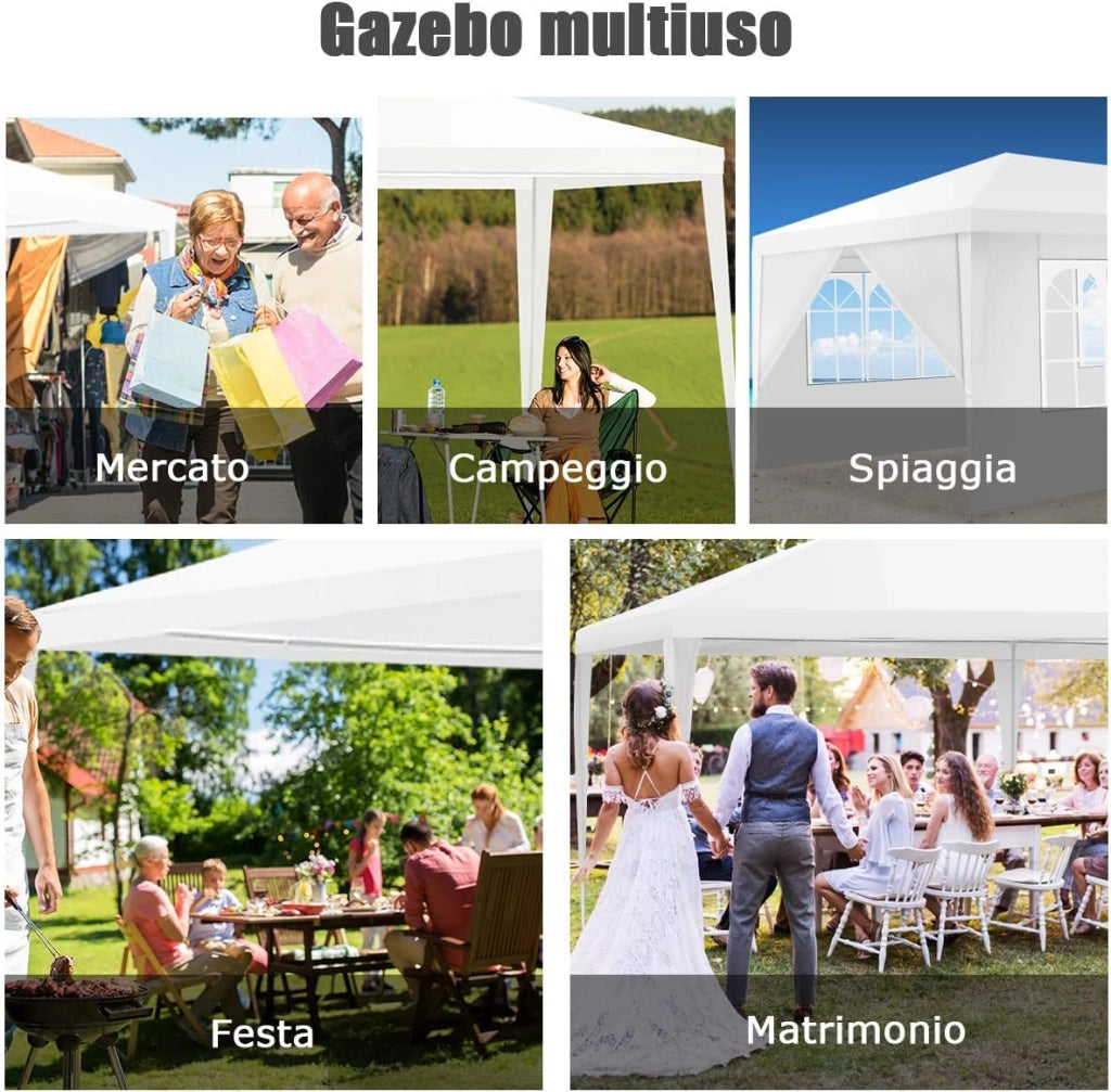 Gazebo da Giardino 3 x 6 m, Tendone per Feste con 4 Tende Laterali Rimovibili e 2 Porte con Cerniera, Con Borsa di Trasporto, Impermeabile Protezione UV