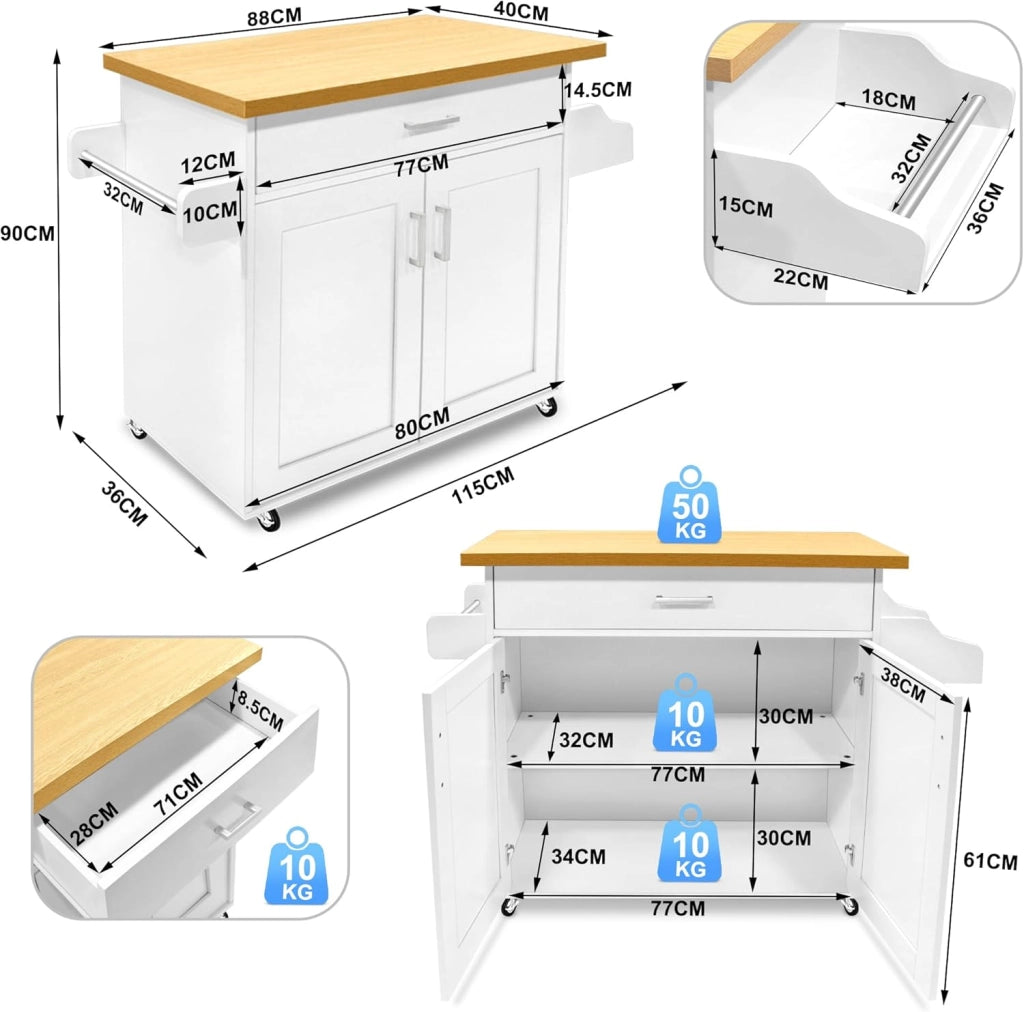 Carrello da Cucina con Ruote e Piano di Lavoro, Carrello Servizio in Legno con Portasciugamani e Portaspezie, Mobile Credenza Cucina Bianco, 115x90x36 cm