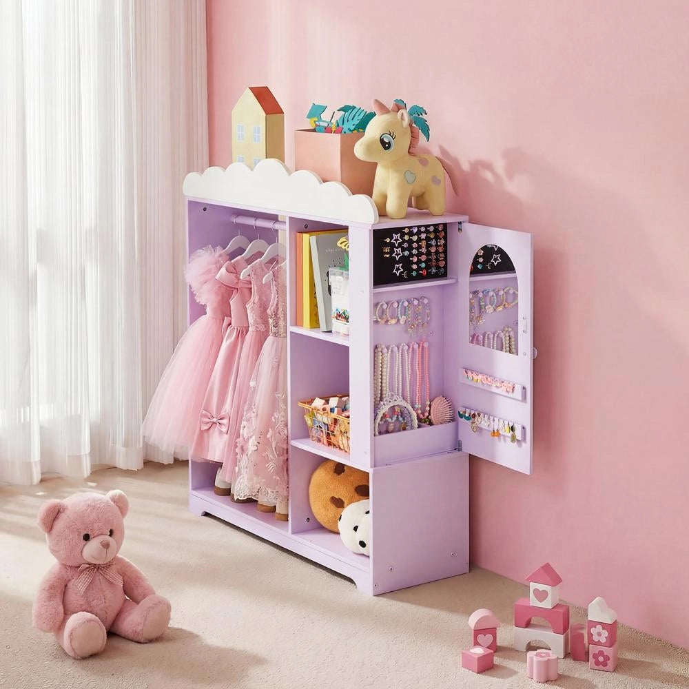 Armadio Costumi Bambini con Mobiletto Portagiochi Viola Specchio Ripiani per Camera e Cameretta