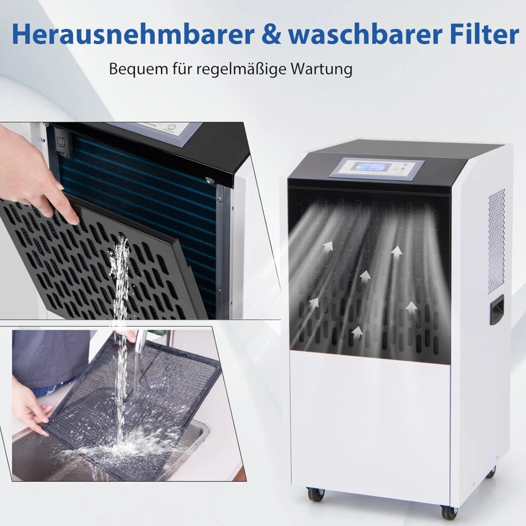 Deumidificatore Elettrico 118L/Giorno, Deumidificatore Professionale Industriale con Ruote, Tubo di Scarico, Timer 24 Ore, Filtro Rimovibile Lavabile, per Cantine, Magazzini, Scantinati (Bianco)