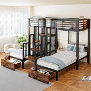 Letto a castello triplo 90x200 cm in metallo e legno; nero; con scala; sponde e 2 cassetti
