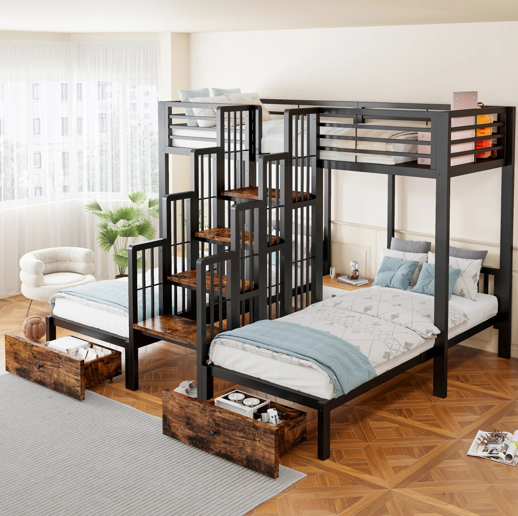 Letto a castello triplo 90x200 cm in metallo e legno; nero; con scala; sponde e 2 cassetti