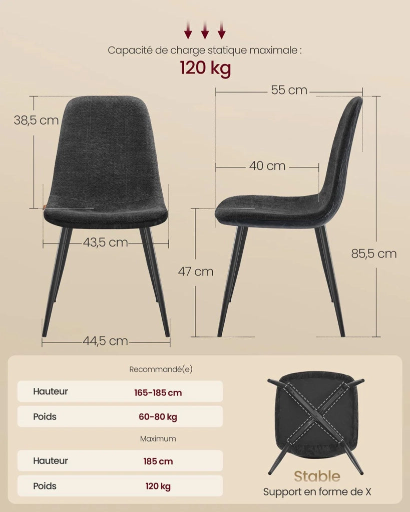 Sedie da pranzo set da 4 struttura in metallo piedini regolabili facili da pulire sedie da cucina tessuto ciniglia testurizzato grigio 12_0004984