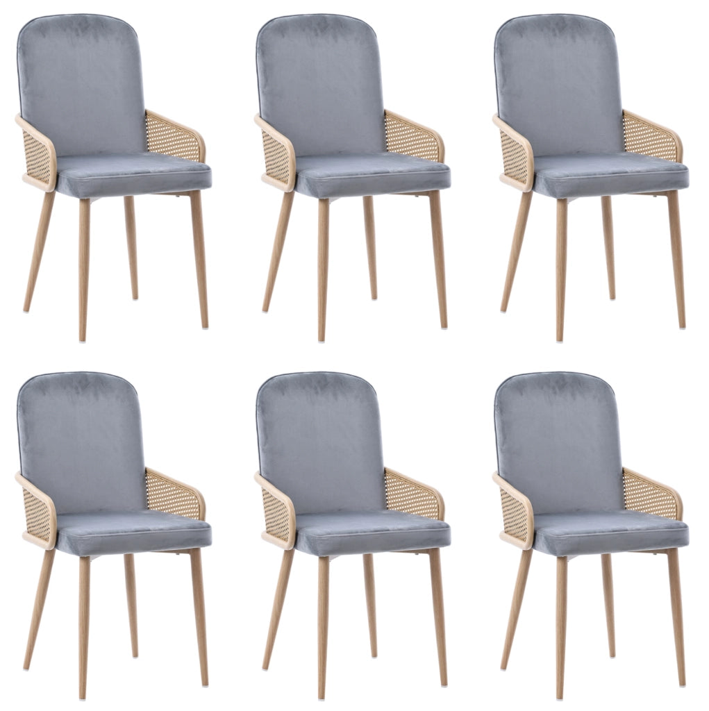 Set di 6 sedie da pranzo con design rattan; gambe in metallo e rivestimento in velluto; grigio