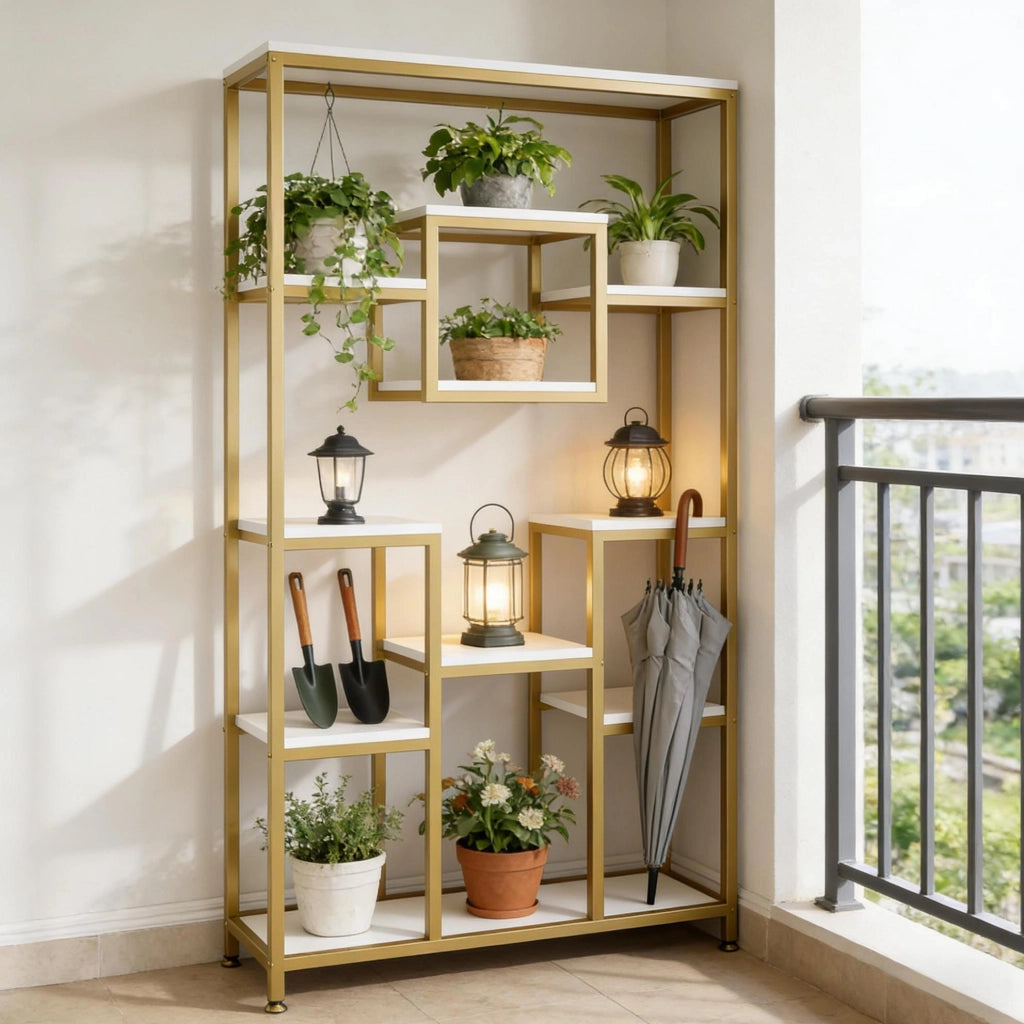 Libreria oro e bianco in metallo e legno, 11 ripiani aperti