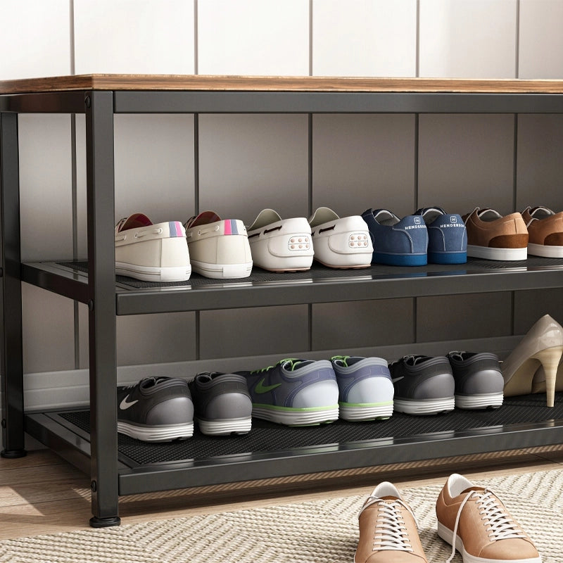 Scarpiera con seduta e ampio ripiano, stile loft industriale, effetto legno retrò