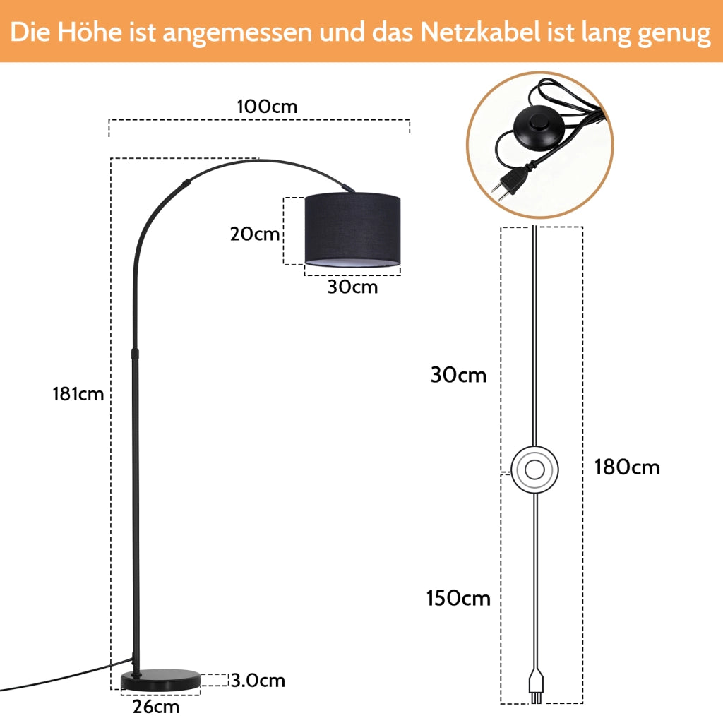 ZMH Lampada da Terra ad Arco Paralume in Tessuto 30cm Altezza 181cm Base in Marmo 26cm E27 per Soggiorno Senza Lampadina