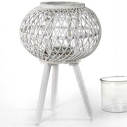 Trade Shop - Lanterna Portacandela Con Piedi Tonda 17x46cm In Legno Bambù Vetro Bianco 777929 -