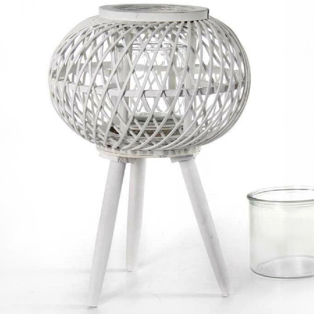 Trade Shop - Lanterna Portacandela Con Piedi Tonda 17x46cm In Legno Bambù Vetro Bianco 777929 -