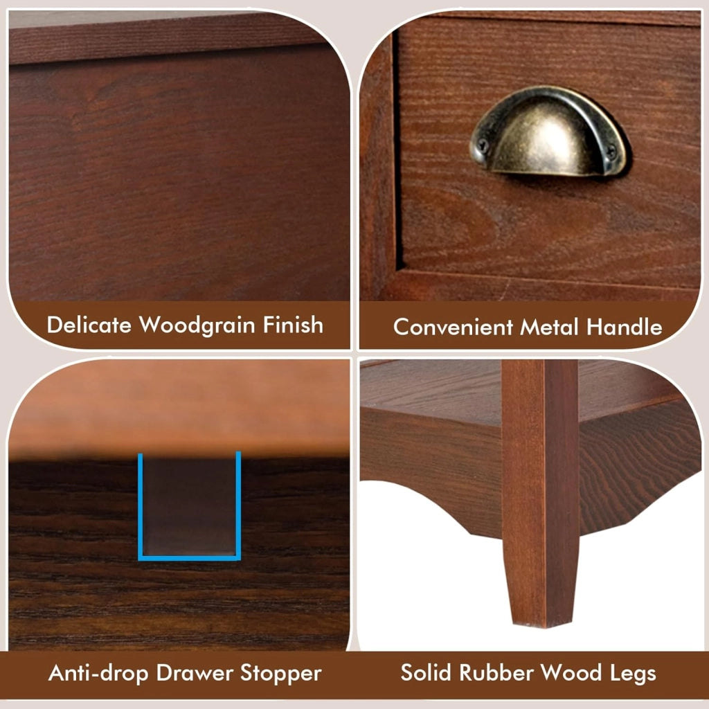 Tavolino laterale retrò con cassetto e ripiano aperto, tavolo da notte rettangolare con gambe in legno massello, stretto per piccoli spazi, soggiorno, camera da letto (marrone rossastro, 2)