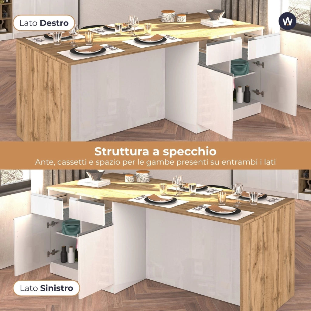WHOUS Isola da cucina Sole a 4 ante e 4 cassetti bianco lucido e rovere 200x90x90 cm