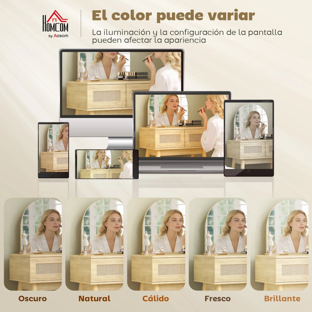 Tocador con Specchio Arcuato e 2 Cassetti ¨C zephmum ¨C Legno Naturale con Frontale in Rattan