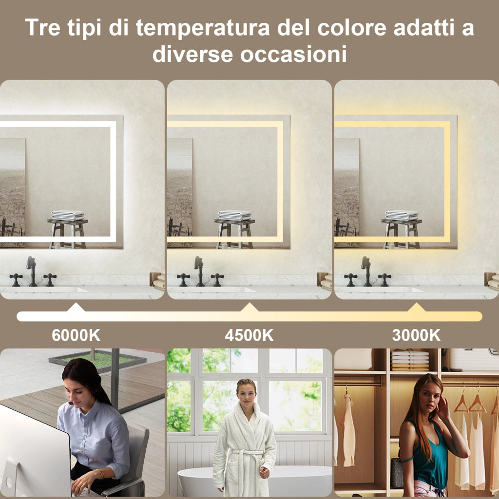 Specchio bagno Rettangolare 120x70cm Retroilluminato Con Led, Antiappannamento + 3 Luci