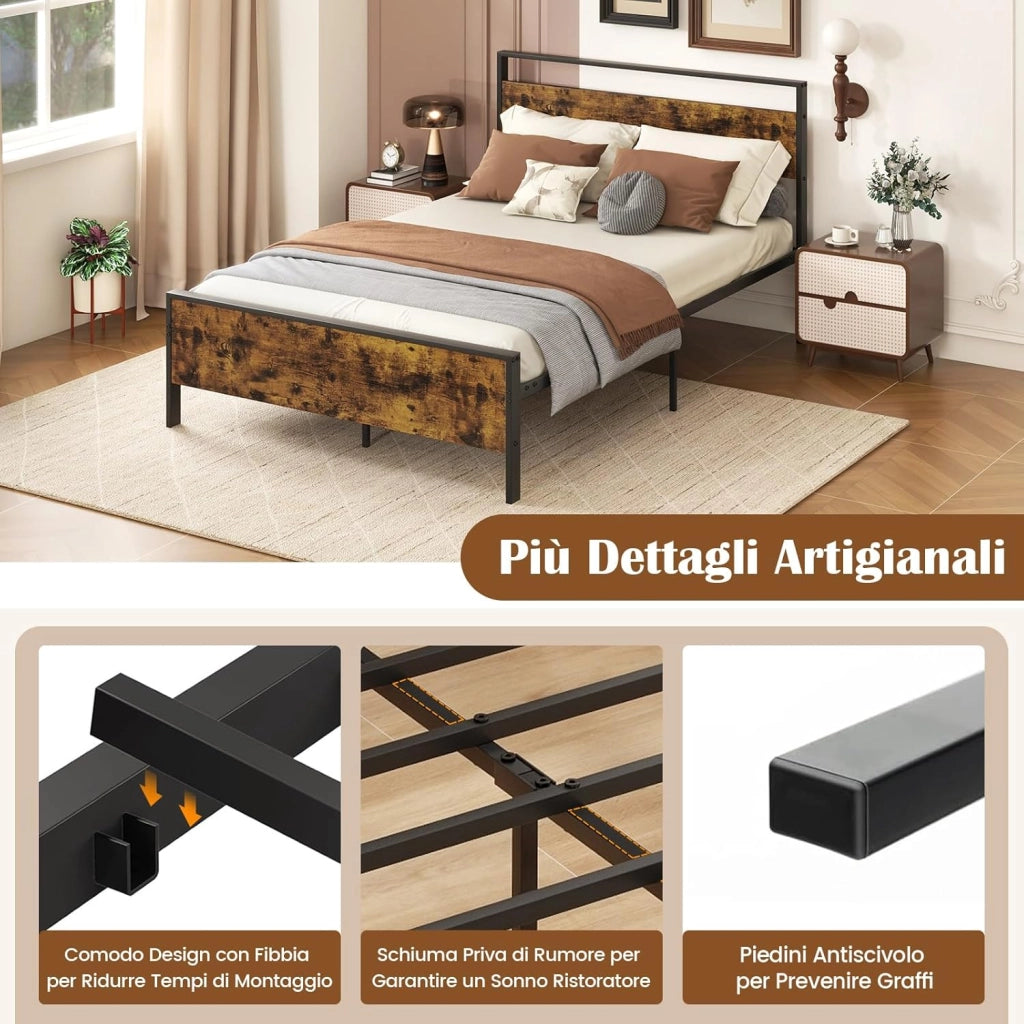 Struttura Letto Matrimoniale 200 x 140 cm, con Pediera e Testiera in Legno Industriale, Telaio da Letto con Doghe in Metallo Robusto, Carico Massimo 360 kg