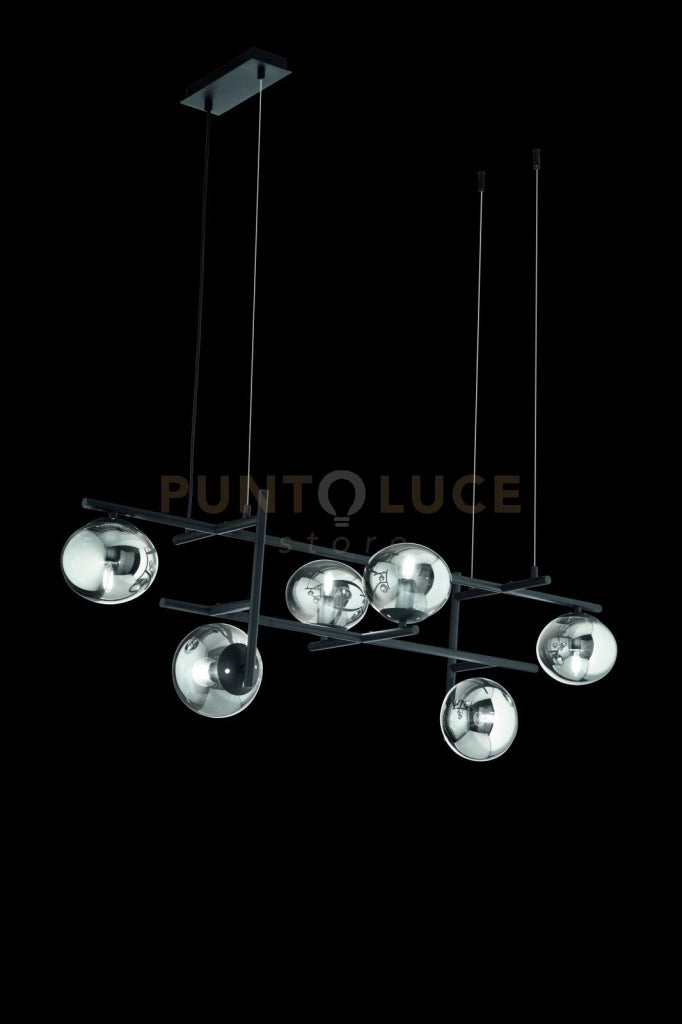 SOSPENSIONE JEWEL 6 LUCI NERO VETROFUME' ATTACCO E14 VETRO D.15CM L.115CM RETTANGOLARE