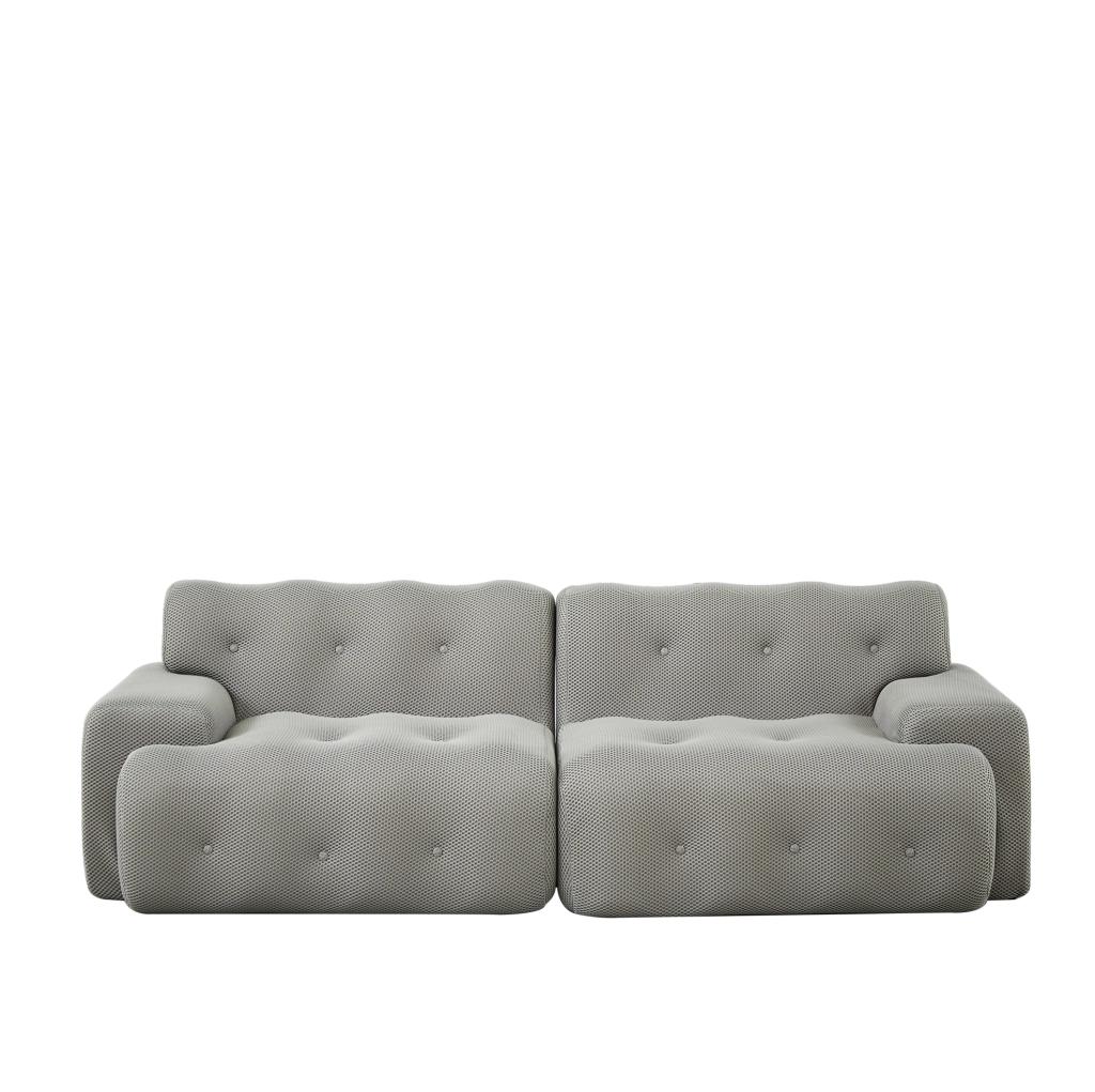 Divano Cloud due posti in tessuto 3D traspirante grigio con braccioli larghi e design moderno