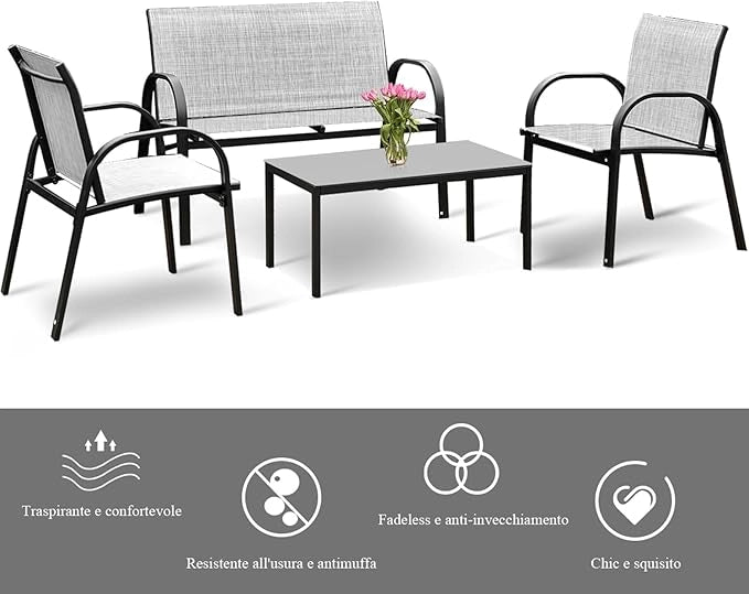 Set da Giardino con 4 Pezzi, Set da Giardino per Chiacchierare, Sedie da Giardino con Tavolino in Vetro, con Struttura Resistente in Ferro, Tessuto a Rete Traspirante (Grigio)