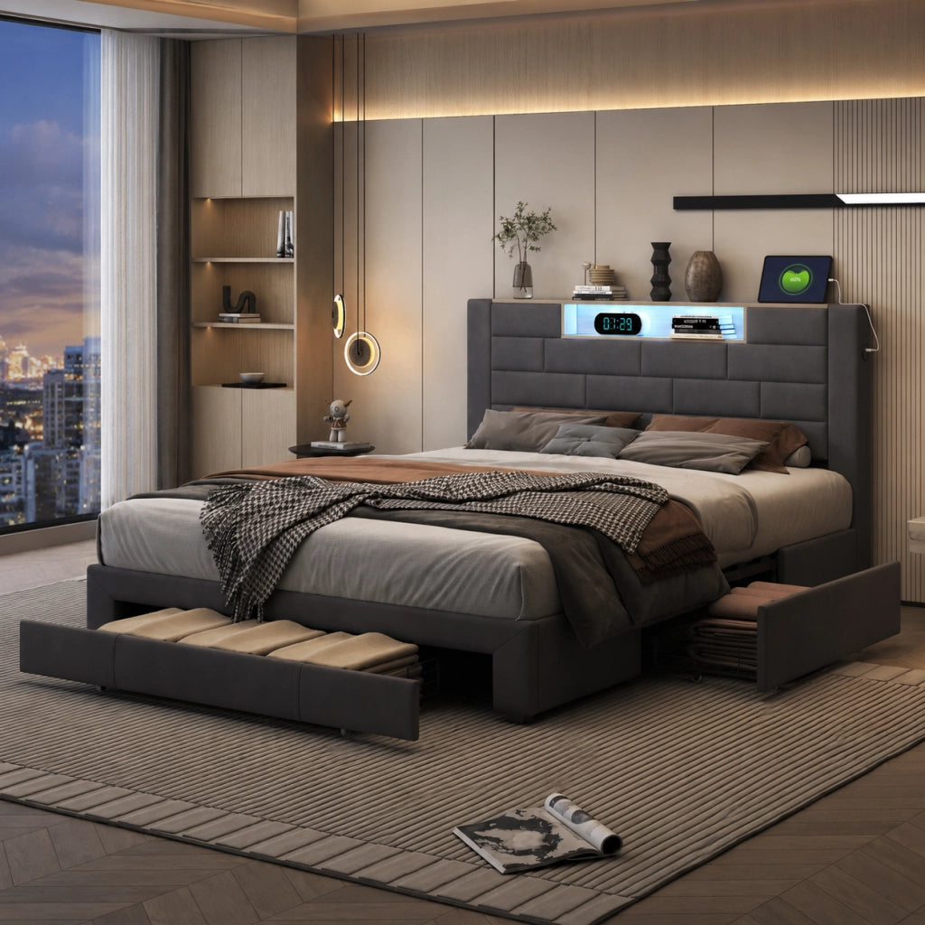 Letto matrimoniale 140x200 cm velluto grigio, testiera con vano portaoggetti, porte USB, luci RGB‑LED controllabili da app e telecomando, 3 cassetti contenitore