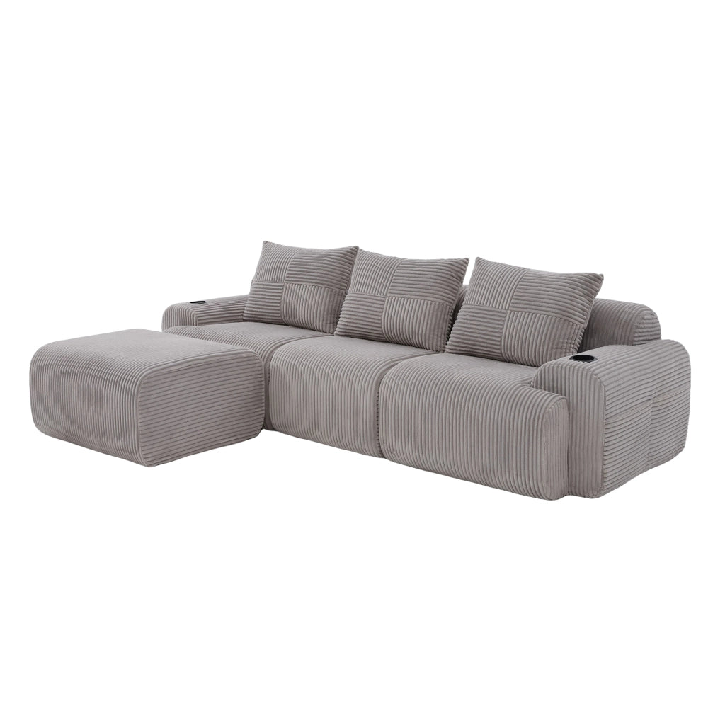 Divano modulare 3 posti corduroy grigio chiaro con porta lattine e tasca laterale