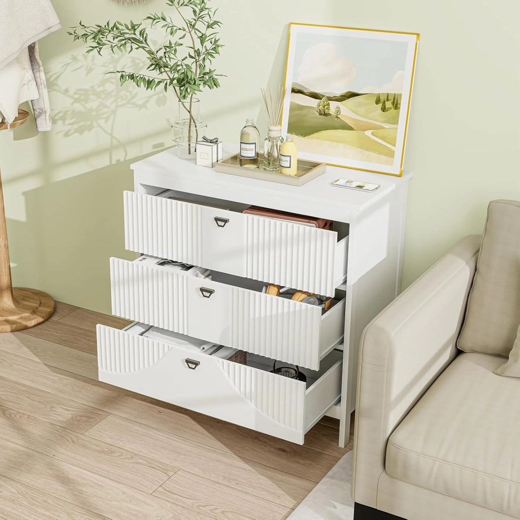 Cassettiera a 3 cassetti, cassettiera con balnca su piedistallo con dispositivo antiribaltamento, cassetti scorrevoli, design fantasia, mobile cassetto, portaoggetti per camera da letto