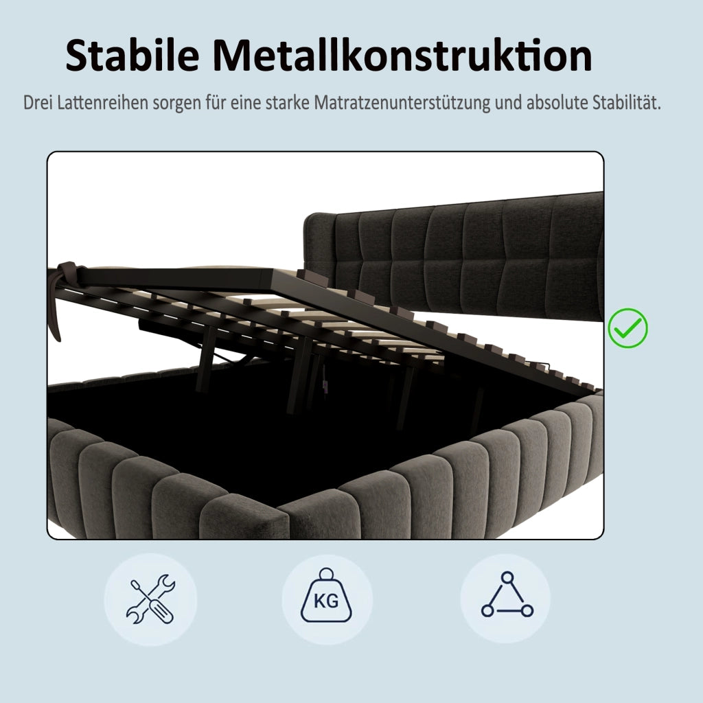 Letto contenitore 180 × 200 cm con sollevamento, senza materasso, per adulti, in tessuto e metallo, grigio