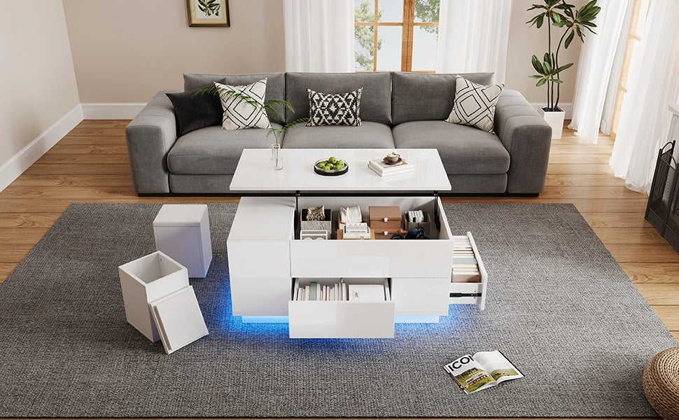 TAVOLINO DA CAFFÈ Sollevabile 100x50x45 cm Bianco con LED e 2 Pouf