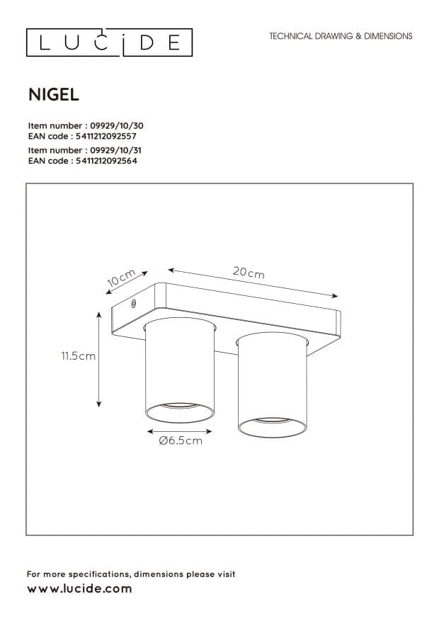Plafoniera Lucide Nigel bianca alluminio 2xGU10 2200K