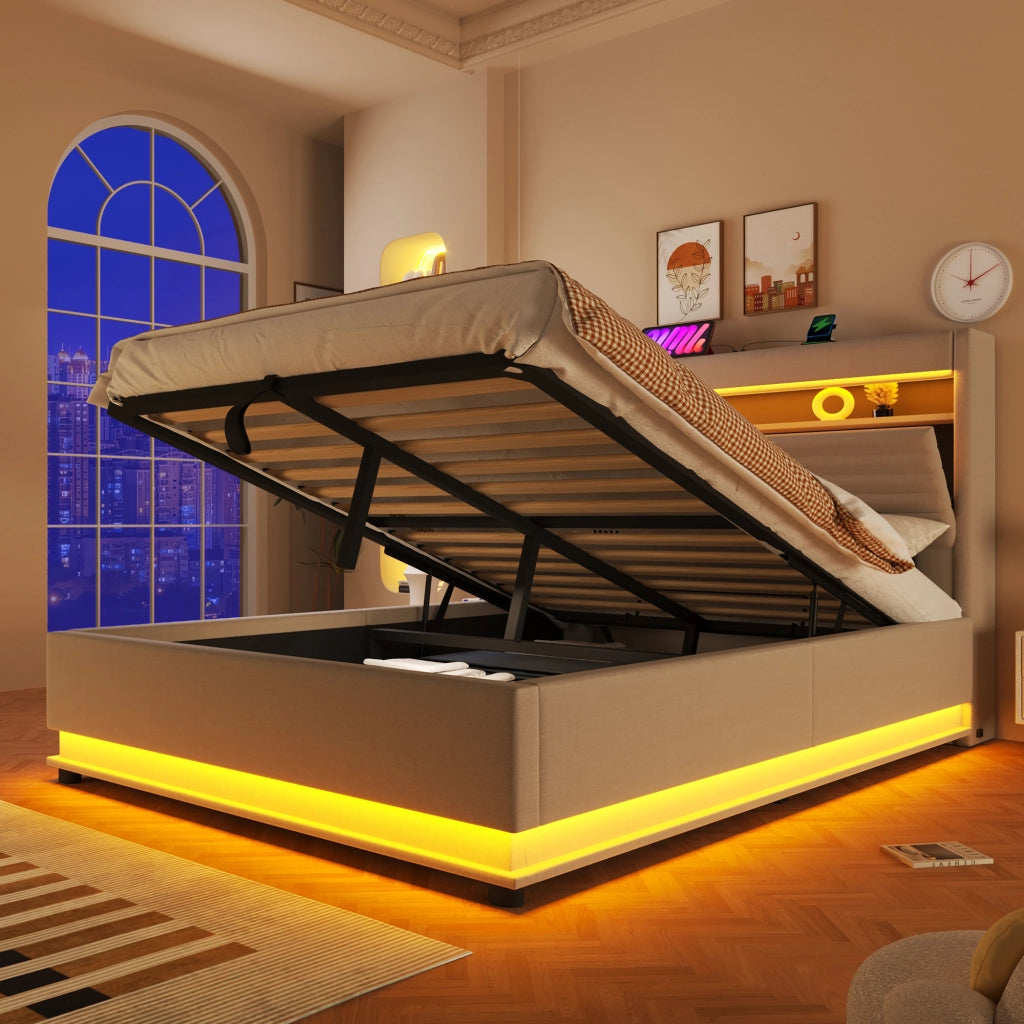 Letto imbottito con USB-C, LED e contenitore idraulico, 140x200 cm, beige