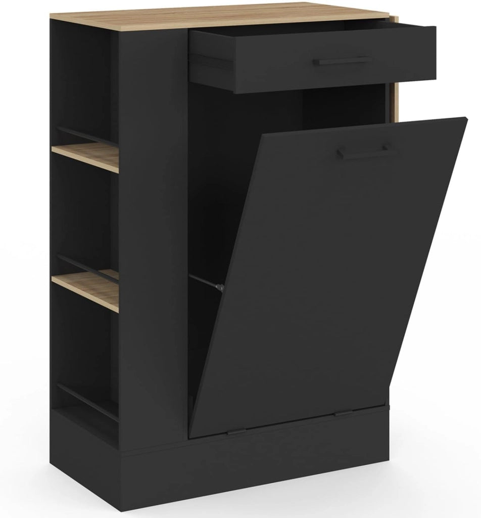 Credenza da cucina compatta TIBO 90 cm con cestino, ripiano ribaltabile, 1 cassetto e 3 ripiani laterali in legno e nero