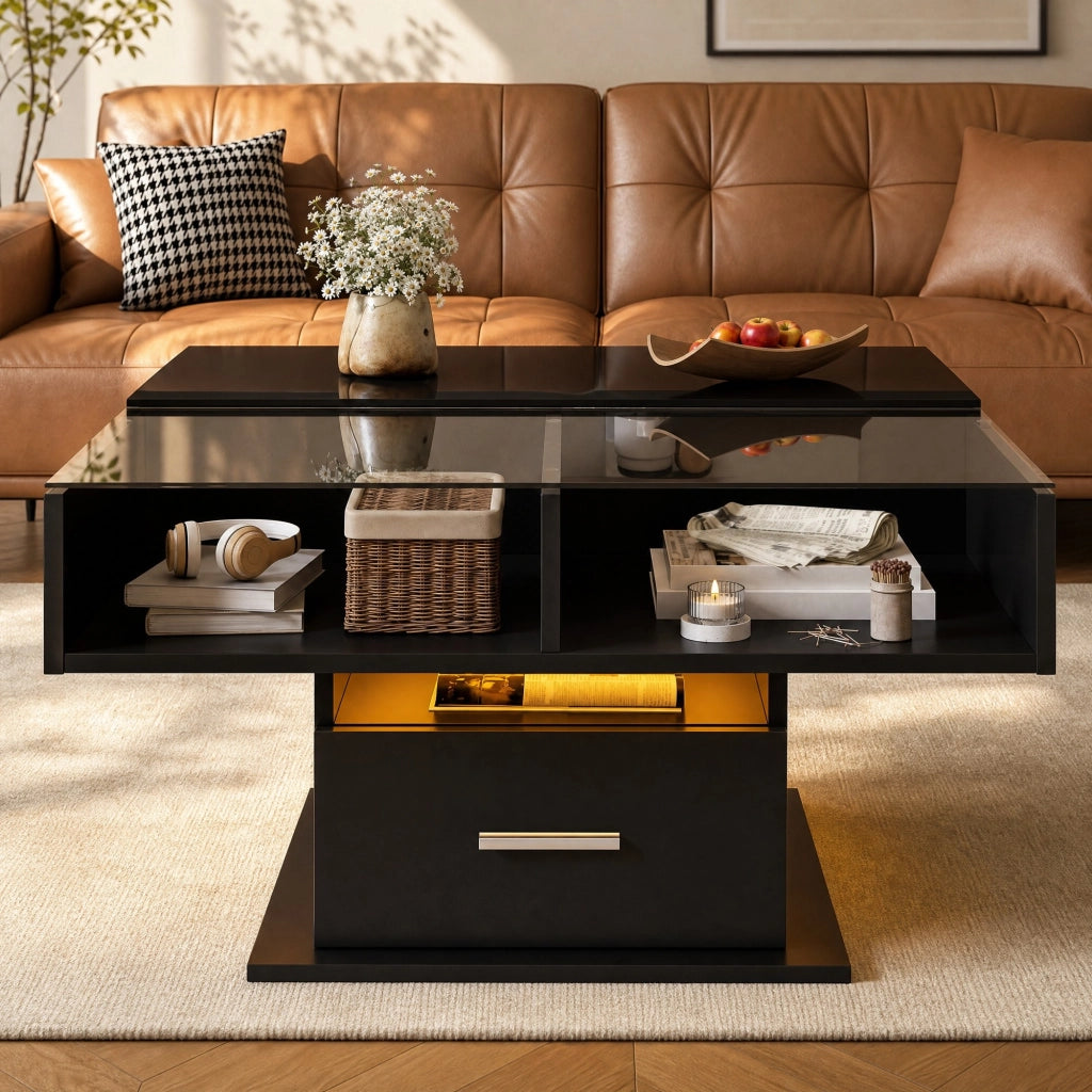 Tavolino da salotto sollevabile quadrato 78x78 cm; nero; in truciolare con LED e spazio contenitivo