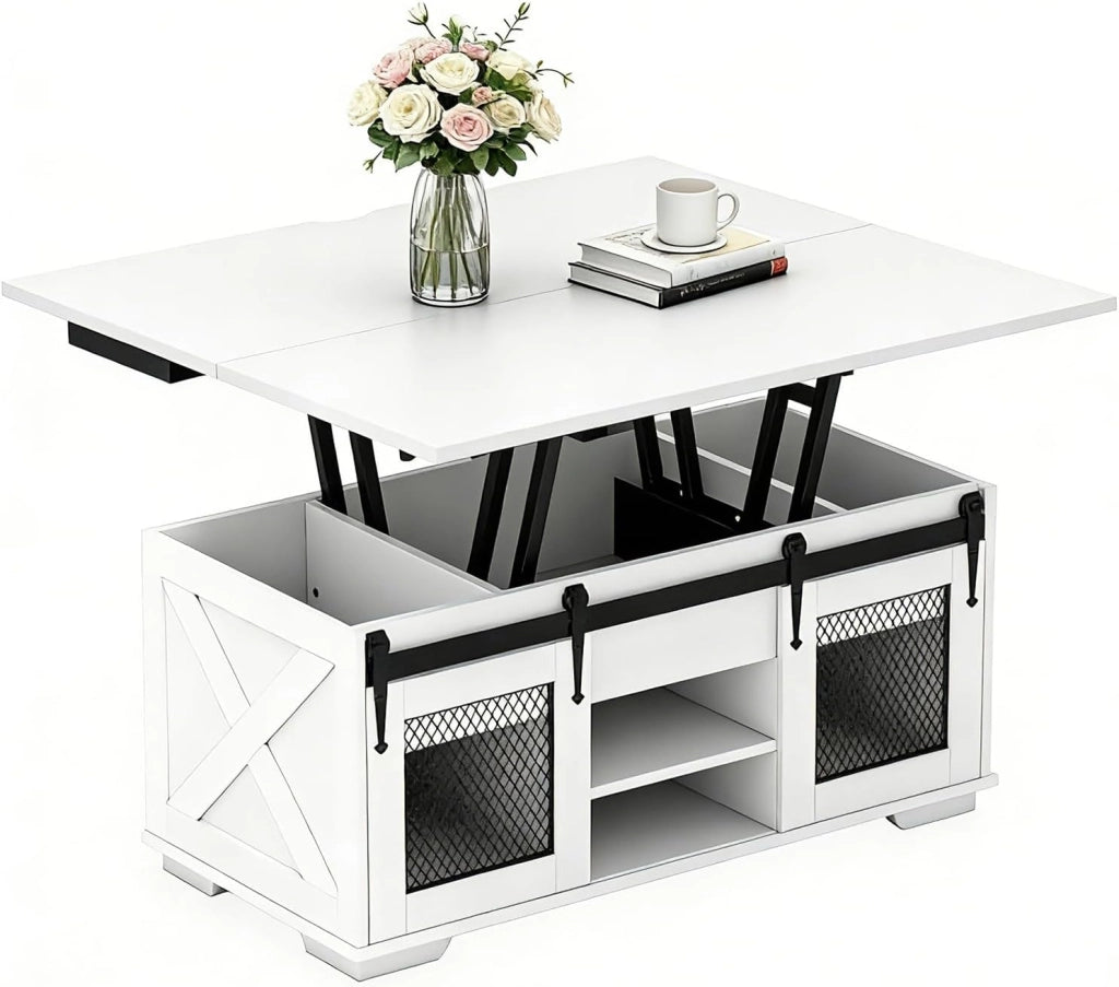 Tavolino da Caffè Sollevabile, Tavolini Salotto Moderno con 3 Vani Nascosti, 2 Ante Scorrevoli, Piano Sollevabile, Carico 75 KG, Tavolo per Salotto, Ufficio, 105 X 108 X 66,5 CM (Nero)