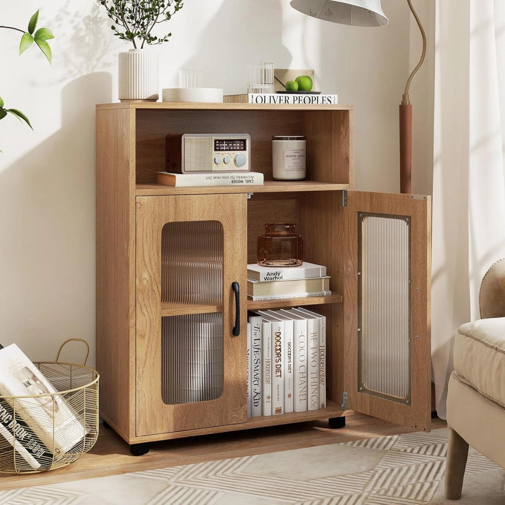 Mobile da Bagno, Mobiletto Salvaspazio con 2 Ante e Ripiano Regolabile a 3 Livelli, Scomparto Aperto, Design Anti-Ribaltamento e Piedini Rialzati, Armadietto per Lavanderia (Naturale)
