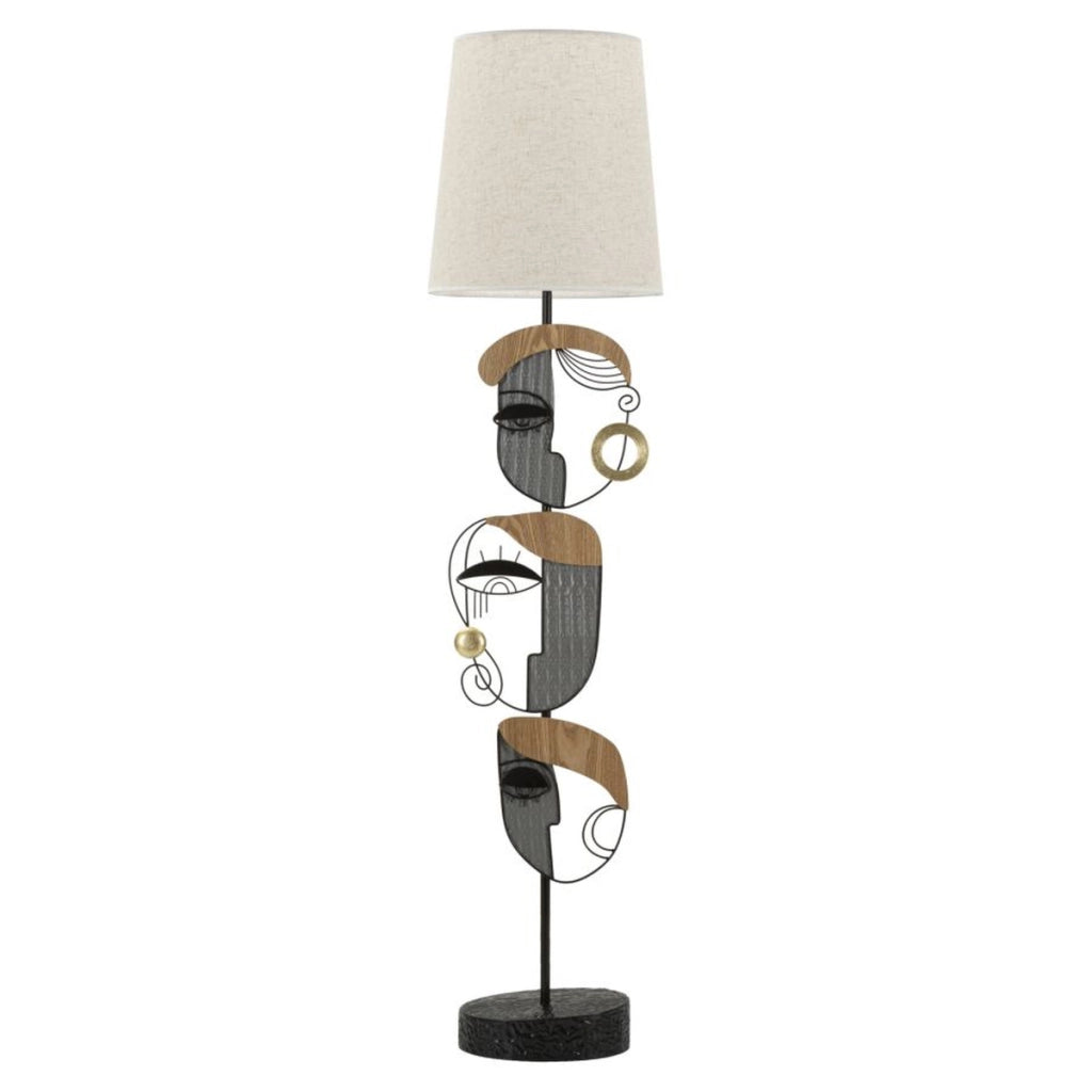 Lampada da terra Picassy in ferro con volti cubisti e paralume in lino naturale