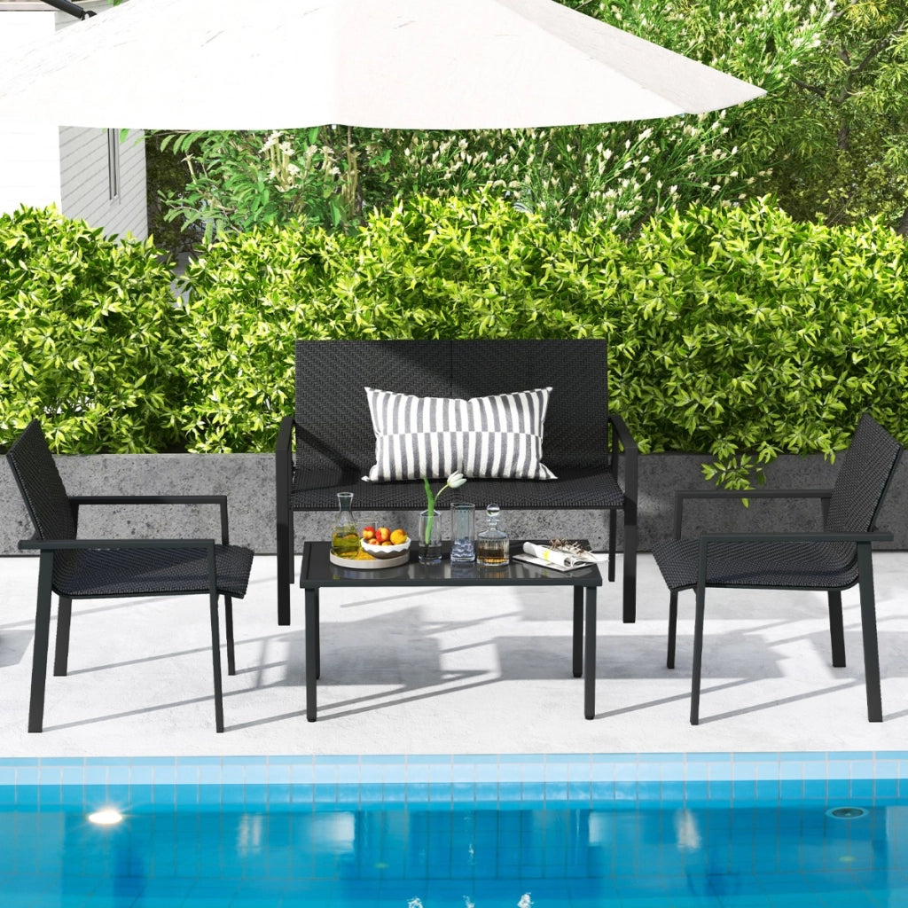 Set di mobili da giardino 4 pezzi, Set di tavolo e sedie in intrecciato di vimini su telaio metallico galvanizzato Nero-Set mobili da esterno