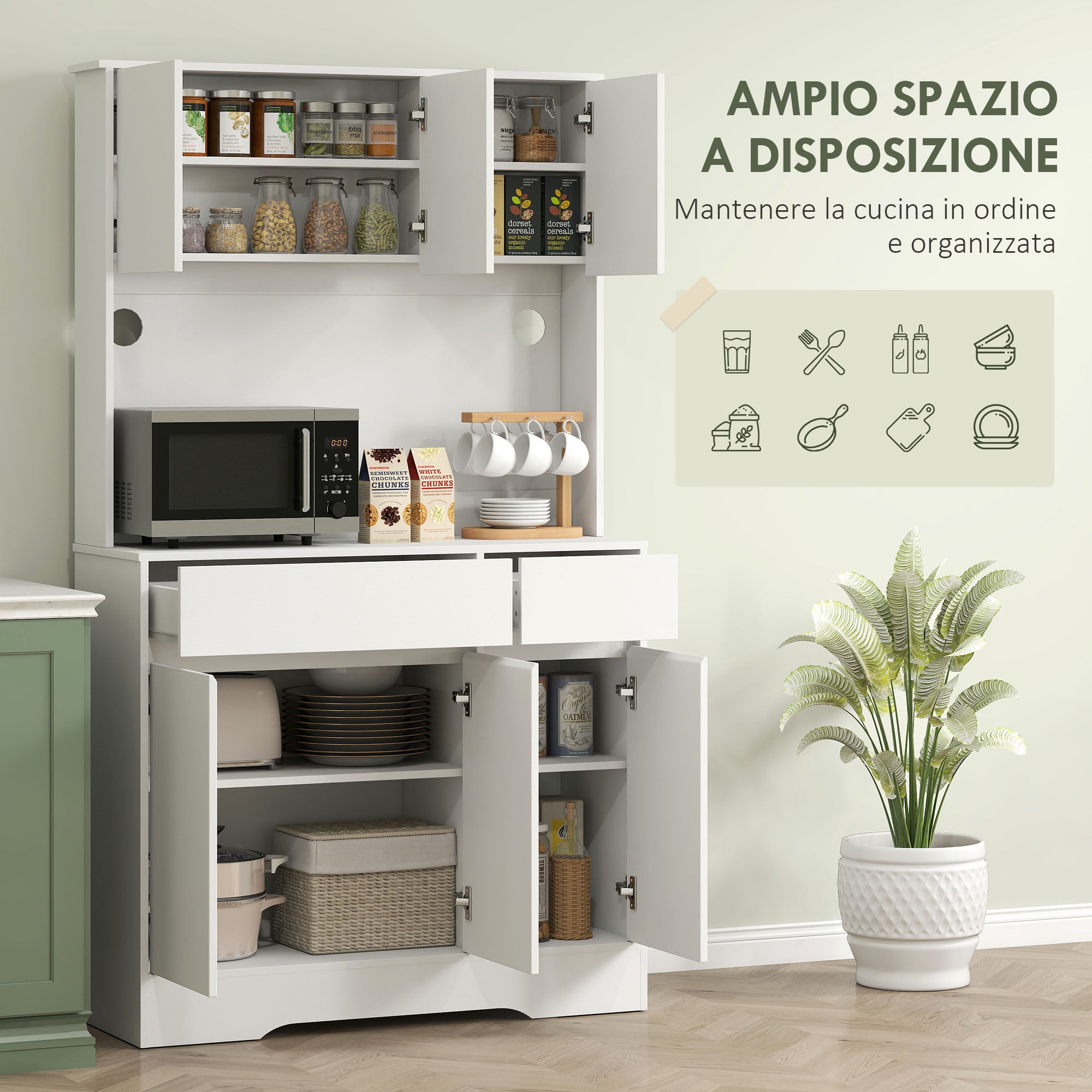 Credenza da Cucina Moderna 100x38x180 cm con 4 Armadietti 2 Cassetti e Ripiani Regolabili Bianco