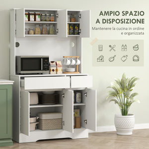 Credenza da Cucina Moderna 100x38x180 cm con 4 Armadietti 2 Cassetti e Ripiani Regolabili Bianco
