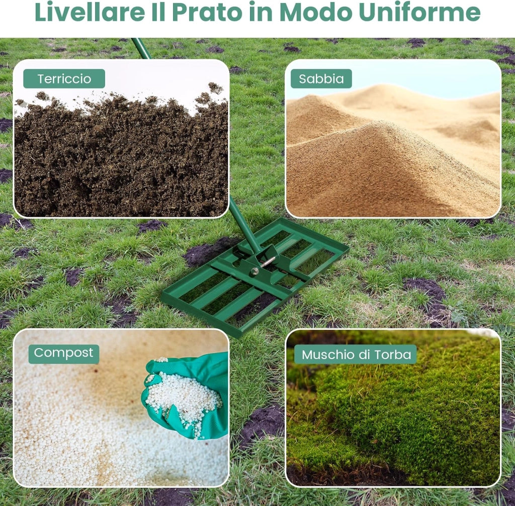 Rastrello Livellatore per Prato, Attrezzo per la Livellatura del Prato con Manico Ergonomico, Livellatrice per Giardino, Cortile, Campo da Golf, Fattoria e Pascolo (Verde 75 x 25 cm)