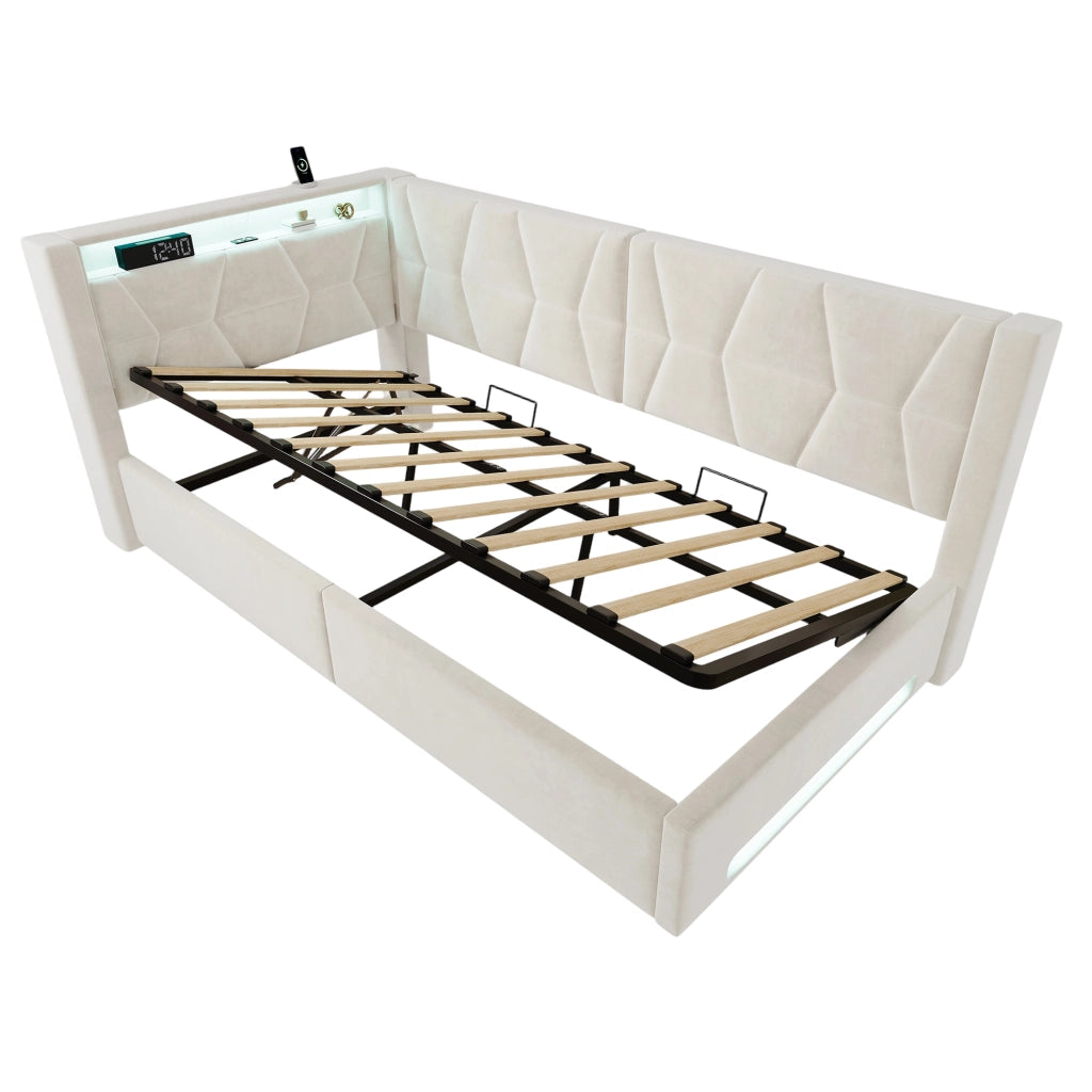 Letto imbottito 90x200 cm con contenitore, LED, USB e Type-C, velluto beige