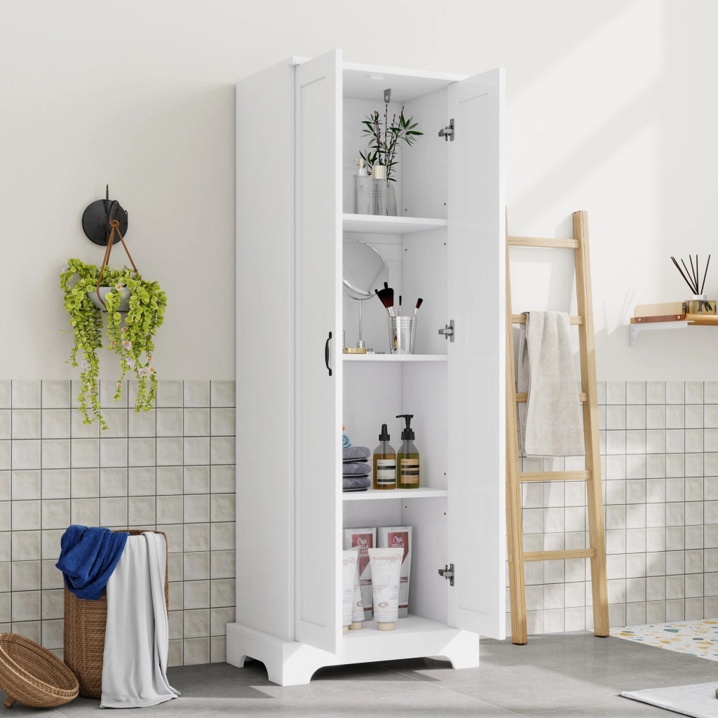 Armadietto da bagno con 2 ante, 4 vani e ripiani regolabili, soft-close, in MDF, bianco, 56 × 40 × 170 cm