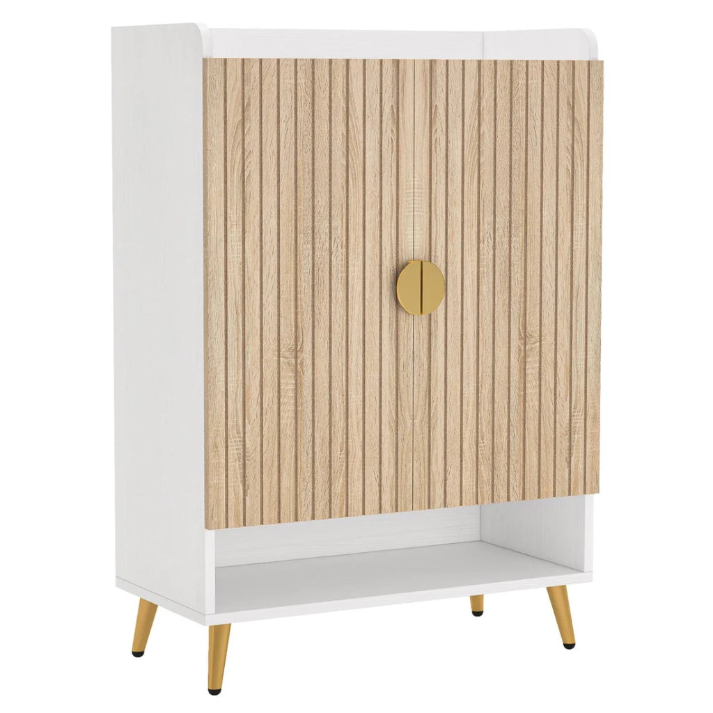 Scarpiera con 7 ripiani e ripiano inferiore aperto; 22-25 paia; per ingresso; in legno e metallo; bianco