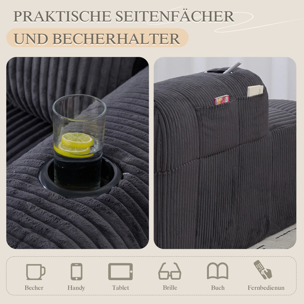 Divano compatto in corduroy con tasche laterali e portabicchieri; 158x93x61 cm; grigio scuro