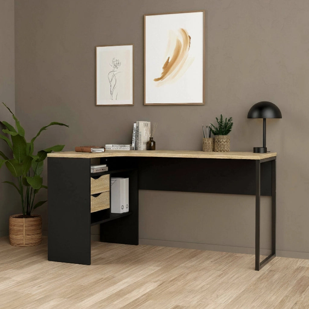 Scrivania Moire, Scrittoio multiuso, Tavolo per ufficio porta PC, Piano di lavoro, 145x81 h77 cm, Nero e Quercia