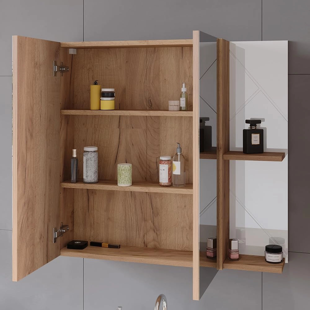 Mobile a specchio per il bagno Irma, Rovere Goldkraft/bianco lucido, 80 x 75 cm