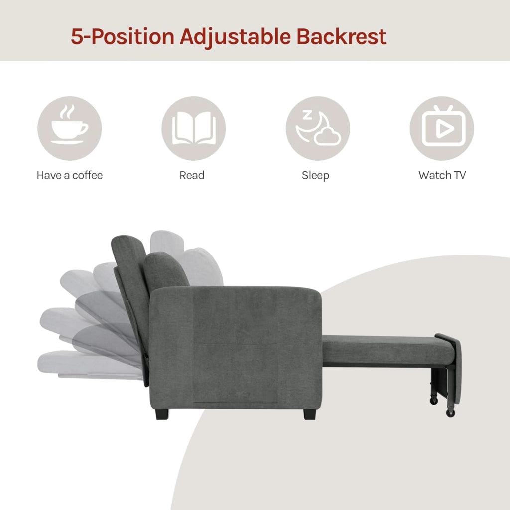 3-in-1 Divano Letto, Poltrona Letto Trasformabile con Reclinazione a 5 Posizioni, Divano Singolo Pieghevole per Piccoli Spazi, Chaise Lounge, Tessuto in Spugna Traspirante, Grigio Scuro