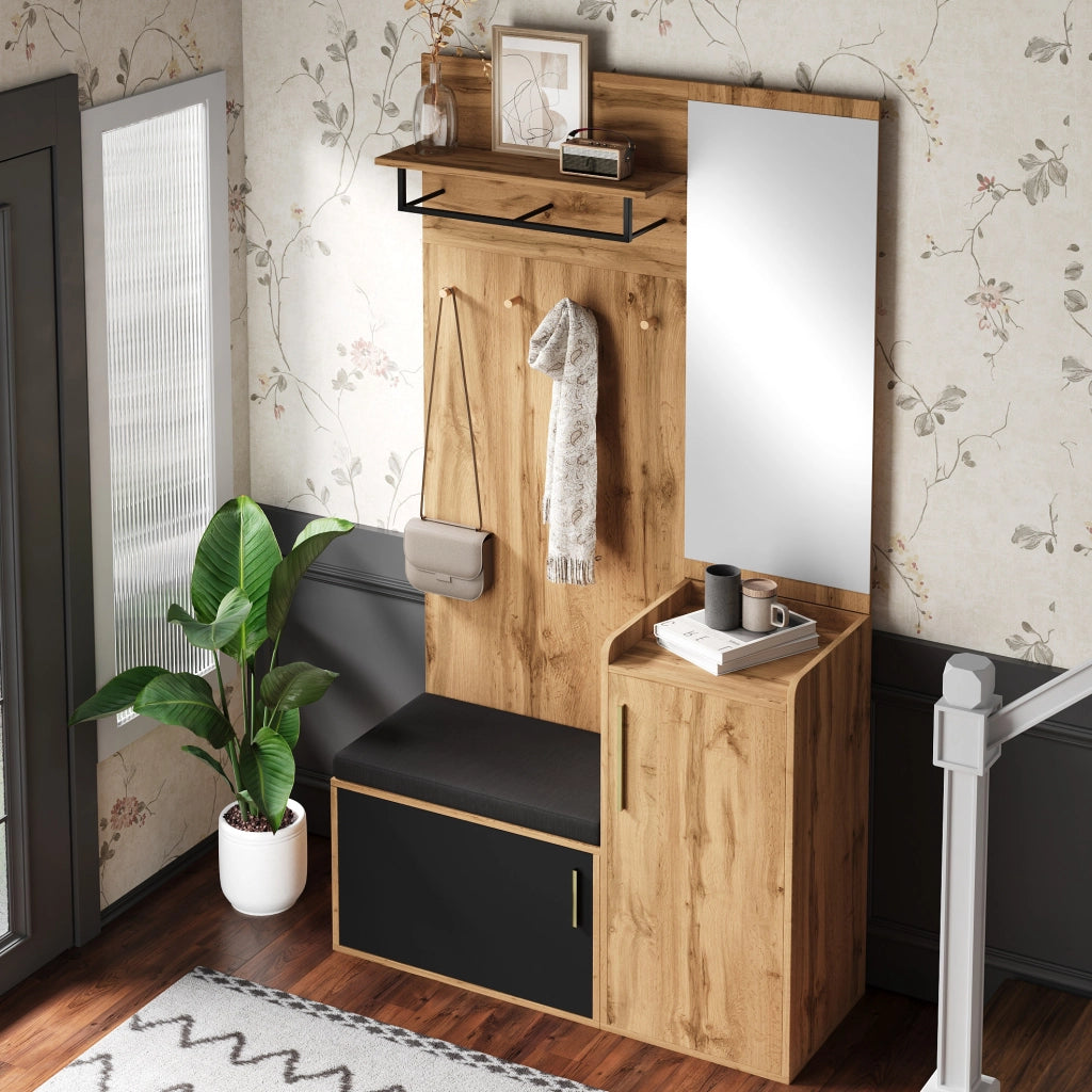 Garderoba ingresso compatta con specchio; panca e scarpiera 100x38x185 cm; nero e naturale