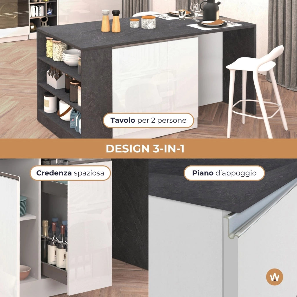 WHOUS Isola da cucina Sole 2 ante 2 cassetti e 1 scaffale bianco lucido/report 168x90x91 cm