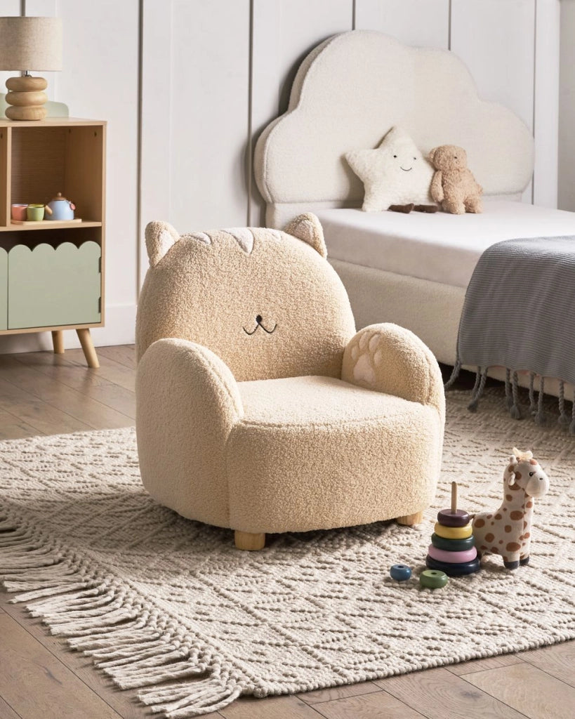 Poltrona per bambini Bouclé Gatto Beige Tappezzeria Sedia bassa per bambini Forma