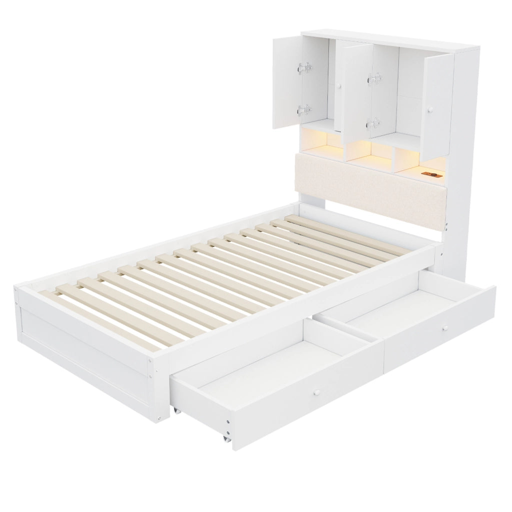 Letto singolo multifunzionale 90x200 cm con LED; presa; cassetti e testiera imbottita; bianco